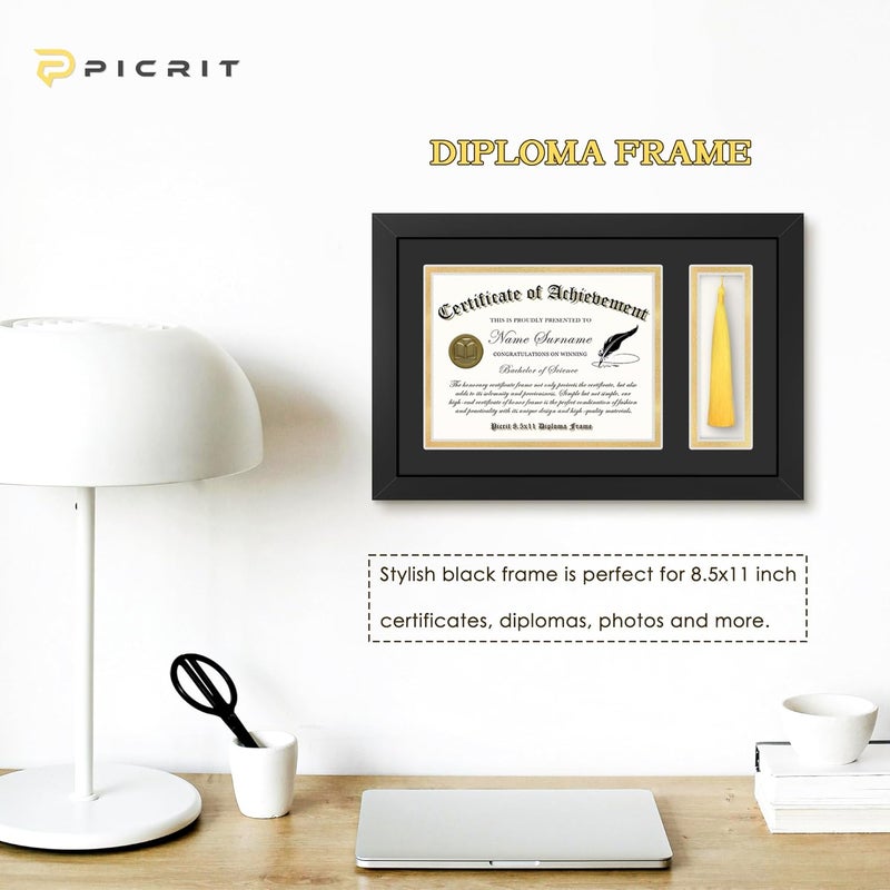 Picrit 11x17 Wood Diploma Frame with Tassel Holder for 8.5x11 Certificate/Degree Document with Tempered Glass, Black over Gold Mat - Image 3